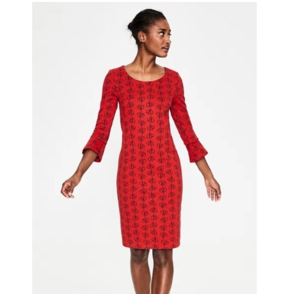 Boden Newlyn Jersey Jacquard Dress Womens‎ 10L Long Red Heart Climbing Vine Knit